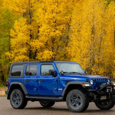 a blue truck parked in front of a forest