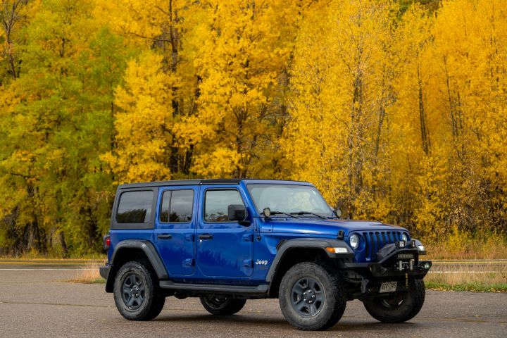 a blue truck parked in front of a forest
