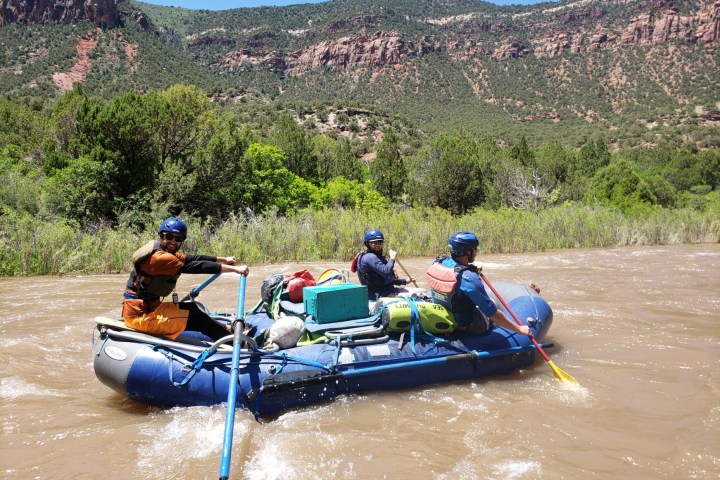 a group of people riding on the back of a boat