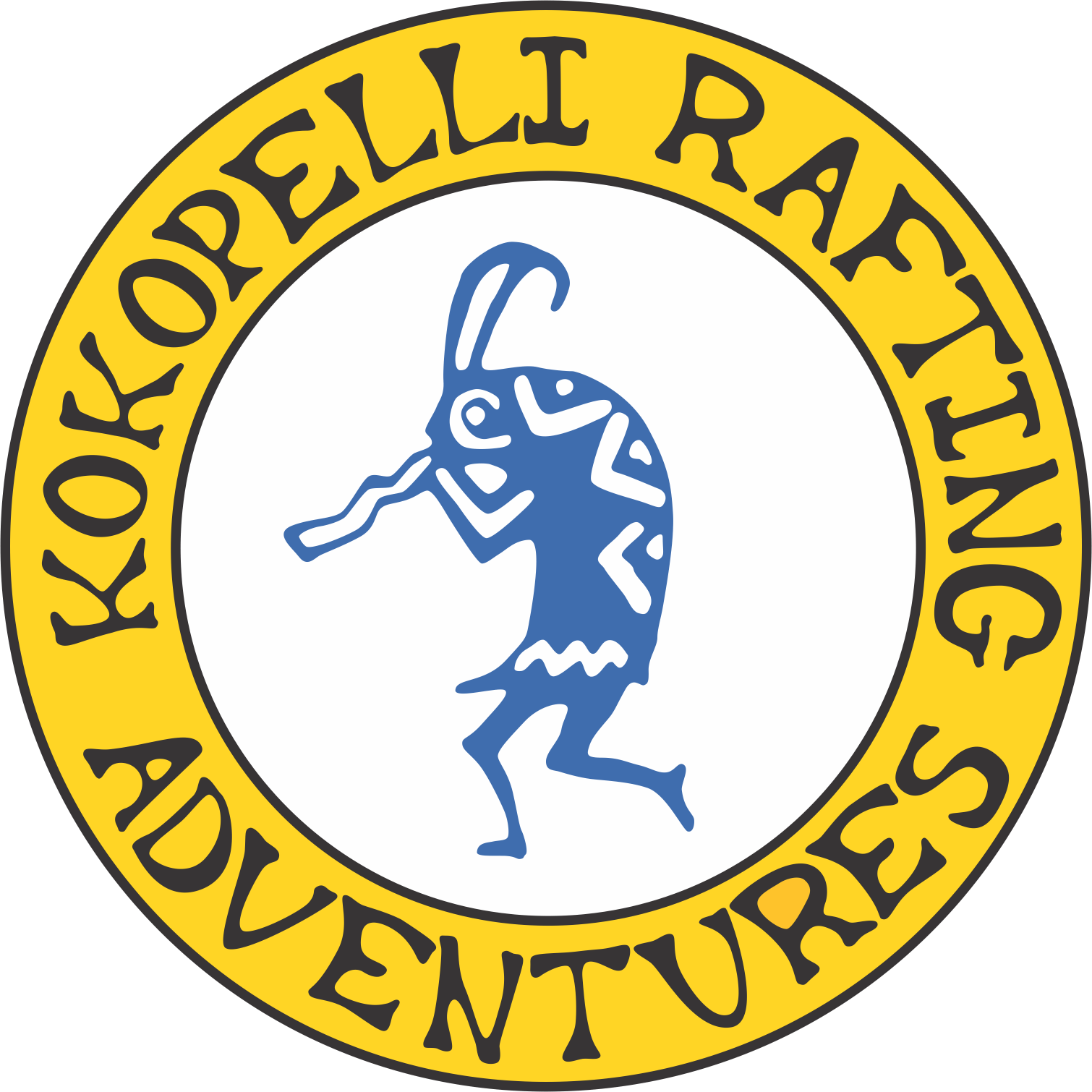 Logo of Kokopelli Rafting Adventures with a blue kokopelli figure in a yellow circle.