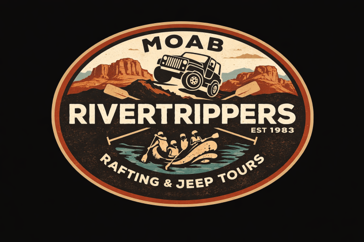 Logo for Moab Rivertrippers with a Jeep, rafters, mountains. Text: Rafting & Jeep Tours, Est. 1983.
