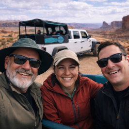 Three people in sunglasses take a selfie on a desert trail with a jeep and rocky landscape in the background.
