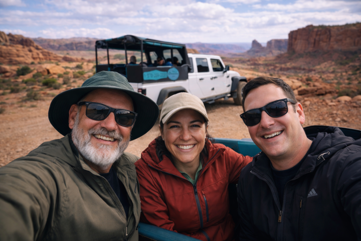 Three people in sunglasses take a selfie on a desert trail with a jeep and rocky landscape in the background.