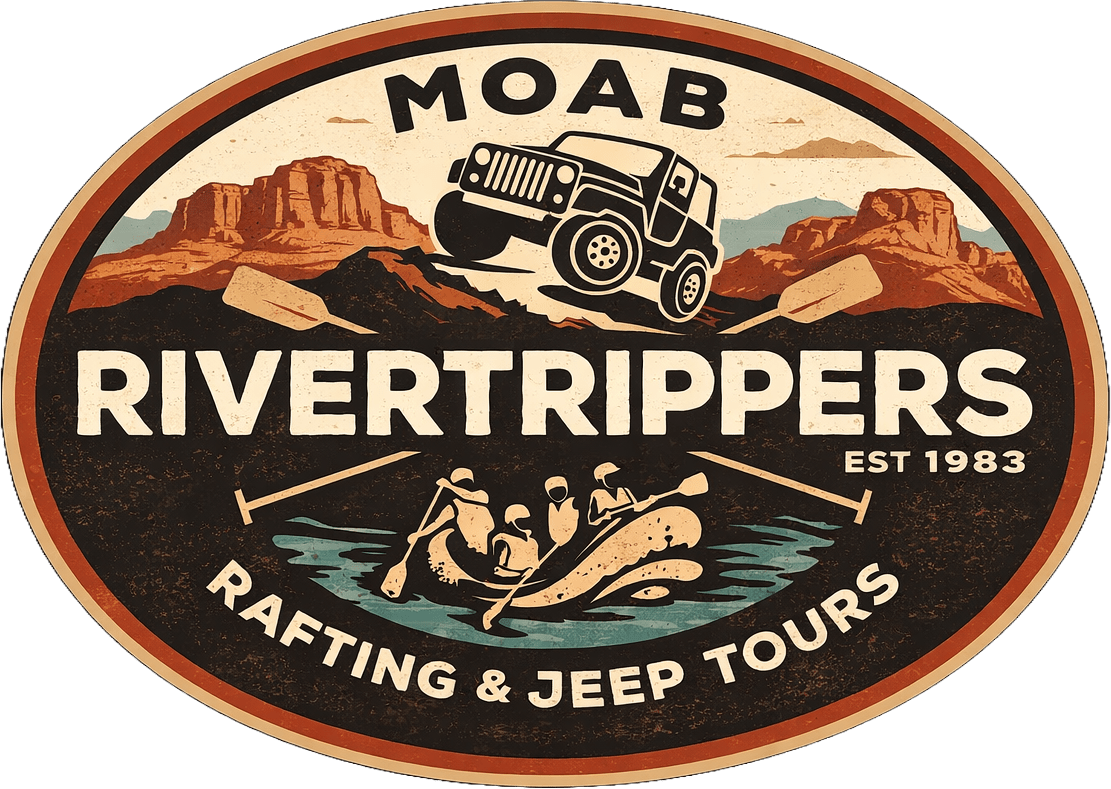 Logo with a jeep, river rafters, mountains, and text 'Moab Rivertrippers Rafting & Jeep Tours Est 1983'.