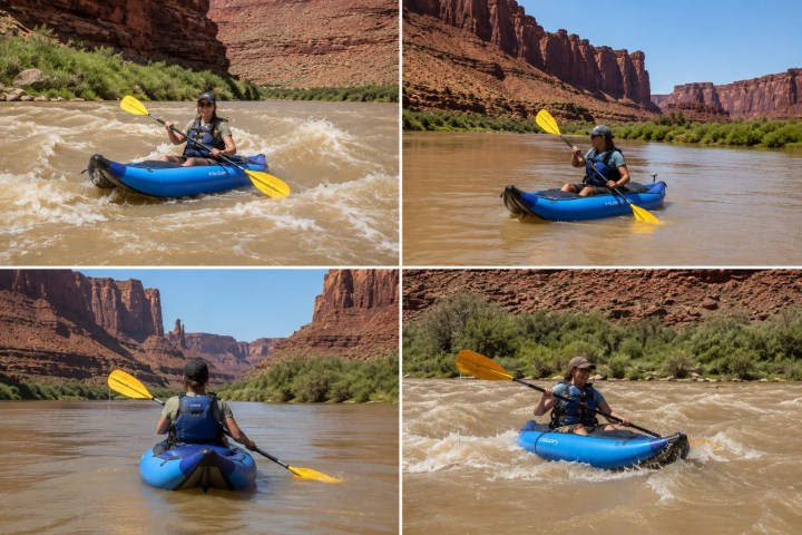 Four images of a person kayaking on a river with scenic canyon views.